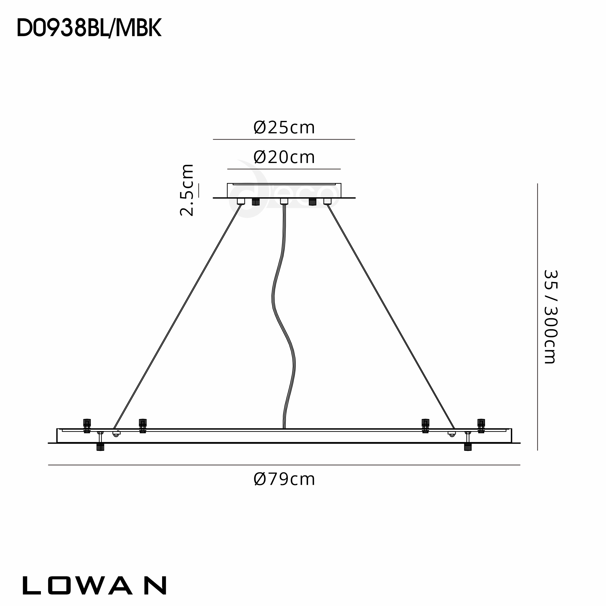D0938BL/MBK  Lowan 790mm, 3m Suspension Plate c/w Power Cable To Lower Flush Fittings, Satin Black/Matt Black Max Load 40kg (ONLY TESTED FOR OUR RANGE OF PRODUCTS)